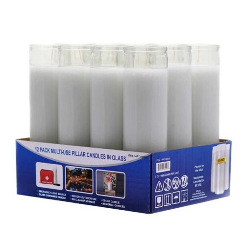 Velas altas multiuso blancas envase de vidrio, pack de 12 unidades
