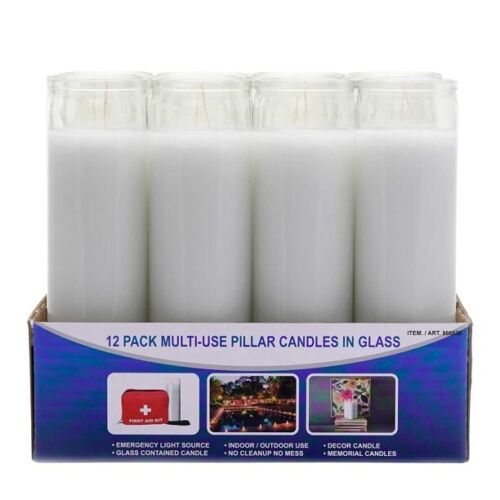 Velas altas multiuso blancas envase de vidrio, pack de 12 unidades